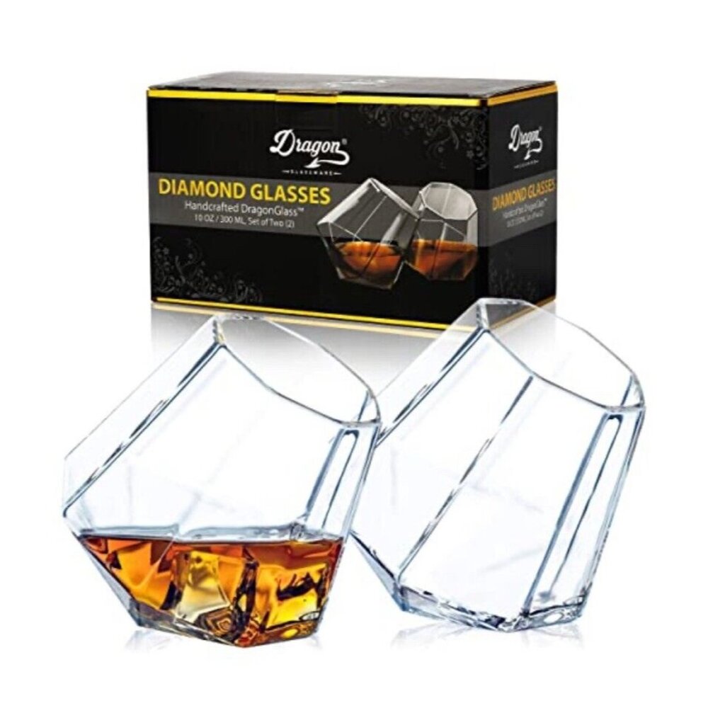 Dragon Glassware Whiskey Diamond Glasses Handcrafted 10 OZ/300 ML Set Of 2 New
